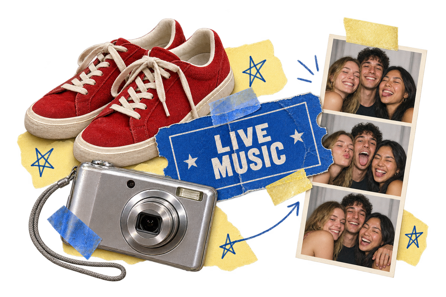 A scrapbook collage of red trainers, gig tickets, a little camera and photos with friends